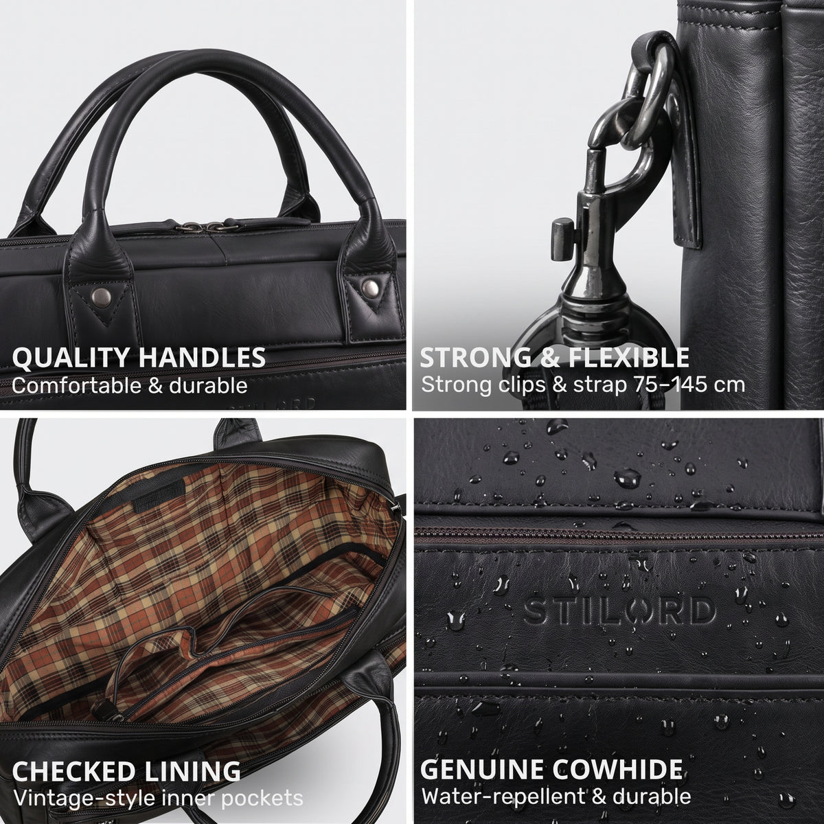 Schwarze Leder-Business-Tasche mit Griffen, Schulterriemen-Haken, kariertem Innenfutter und geprägtem STILORD-Logo mit Wassertropfen