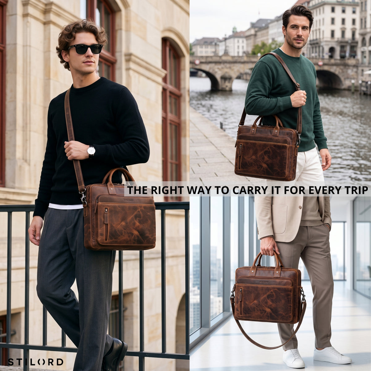 Braune Syd Business-Laptoptasche aus gewachstem Leder, 13–14 Zoll Fach, gezeigt in drei Tragevarianten in Stadt und Büro