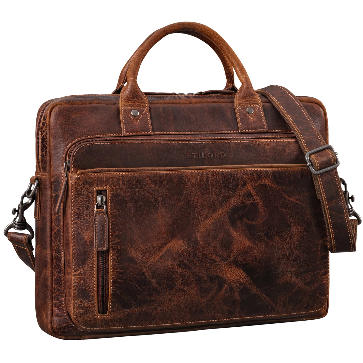 Laptoptasche aus vintage Rindsleder 13–14 Zoll, luino braun, Frontansicht mit Griff, Schulterriemen und STILORD-Prägung