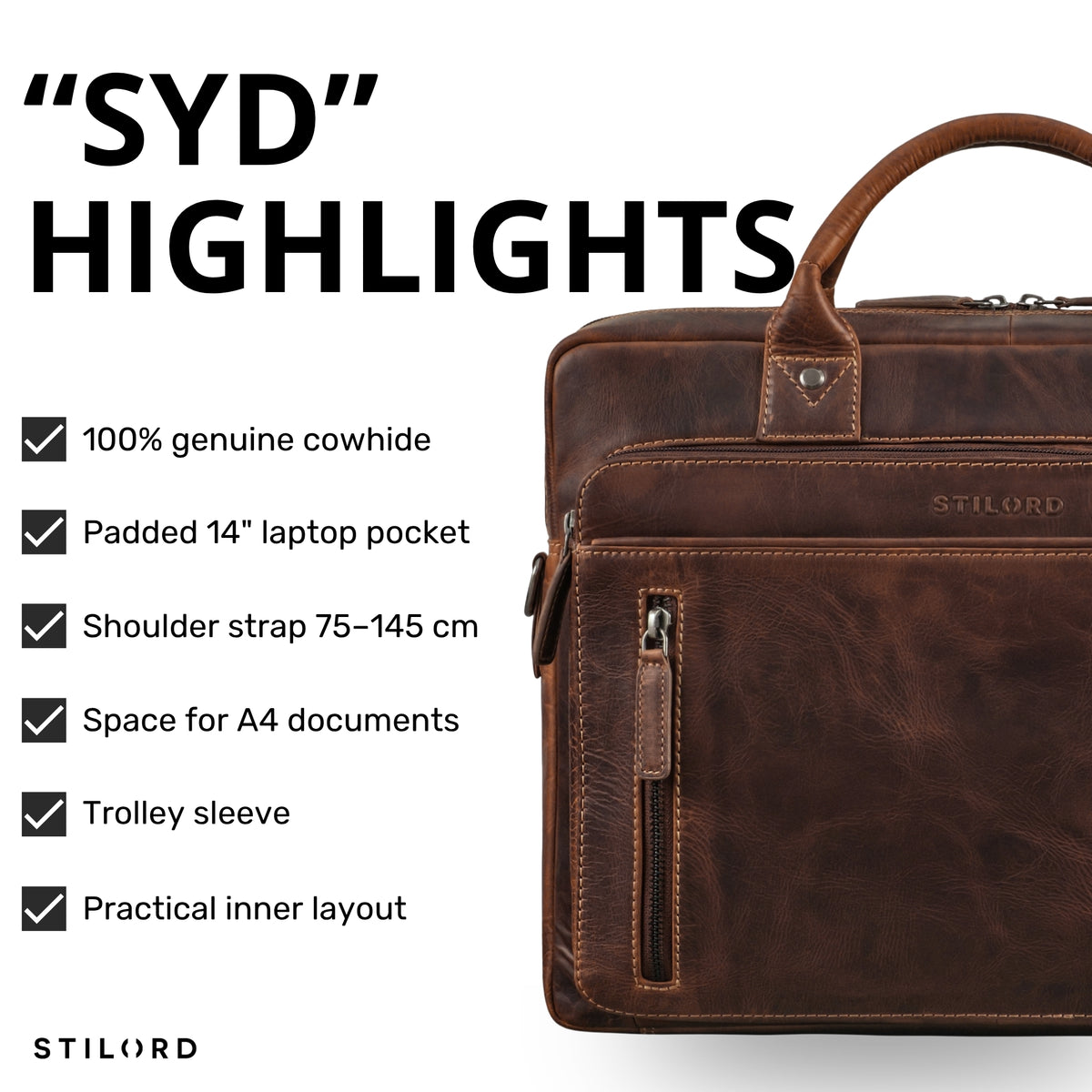 Braune Syd Business-Tasche aus Rindsleder, Frontdetail mit geprägtem STILORD-Logo und sichtbarem Laptopfach 13–14 Zoll