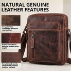 Kleine Schultertasche aus braunem Vintage-Rindsleder, Vorderansicht mit Fronttasche, STILORD-Prägung und Lederstruktur