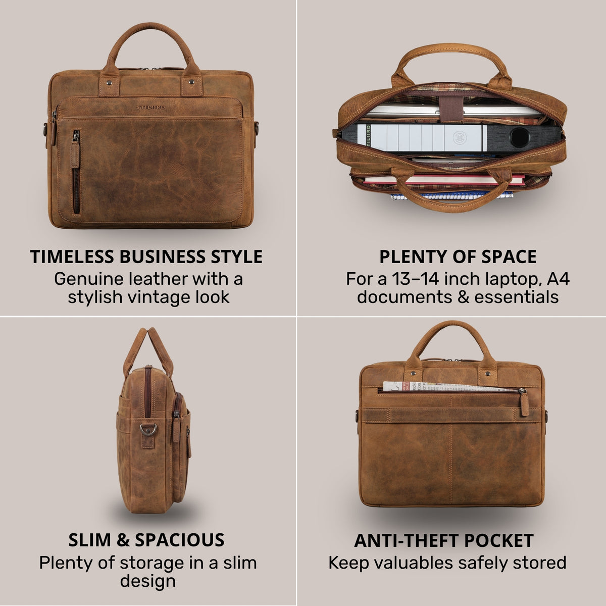 Vier Ansichten einer bergamo-braunen Leder-Business-Tasche mit STILORD-Prägung: Front, offene Oberseite mit Laptop, Seitenprofil, Rückfach