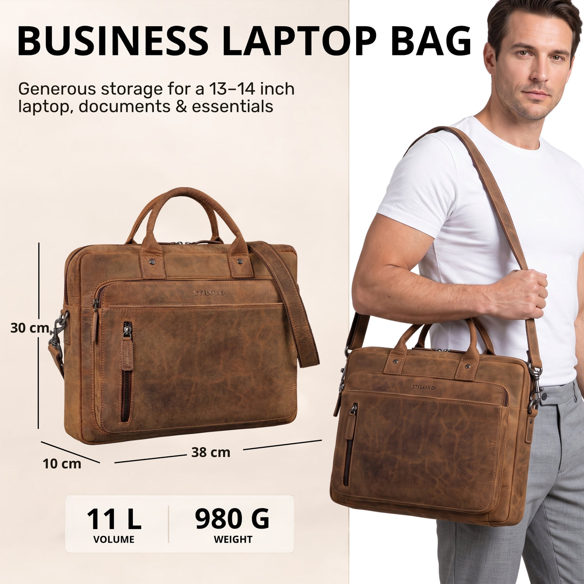 Leder Business-Tasche bergamo braun, 13-14 Zoll Laptopfach, Frontansicht mit Schulterriemen, Modell hält Tasche