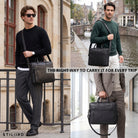 Schwarze Leder-Business-Tasche mit Laptopfach 13–14 Zoll, Schulterriemen und Griff, getragen in Stadt- und Innenkulisse