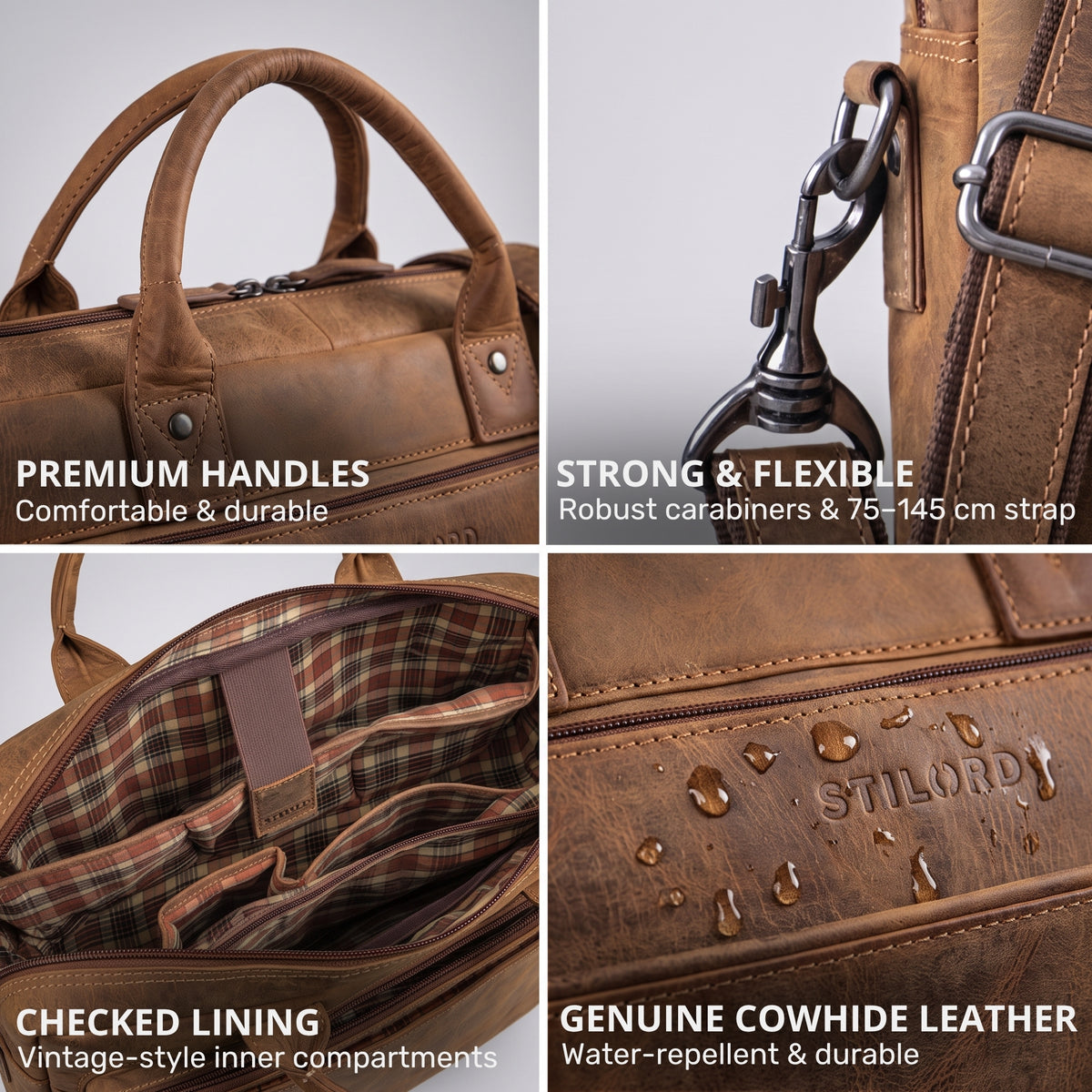 Braune Business-Tasche aus Rindsleder bergamo, Nahaufnahmen: Griffe, Karabiner, kariertes Innenfutter, wasserabweisende STILORD-Prägung