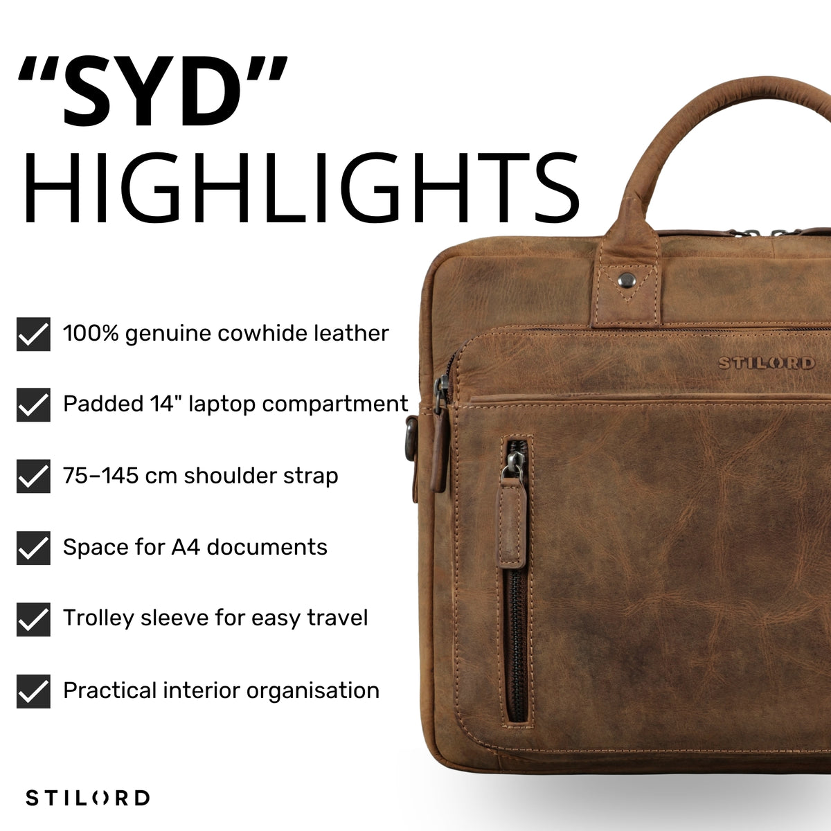 Braune Syd Business-Tasche aus Rindsleder, Frontdetail mit Reißverschlussfach, Griff und STILORD-Prägung
