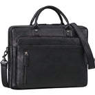 Schwarze Leder-Business-Tasche frontal, Laptopfach 13–14 Zoll, geprägtes STILORD-Logo, Frontfach mit senkrechtem Reißverschluss