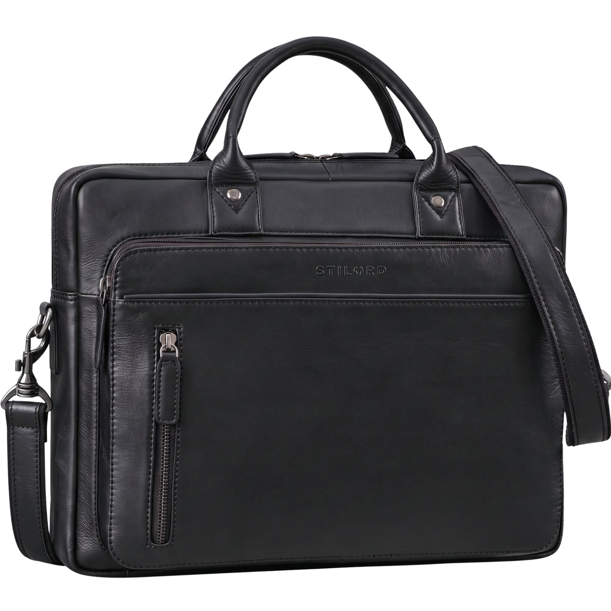Schwarze Leder-Business-Tasche frontal, Laptopfach 13–14 Zoll, geprägtes STILORD-Logo, Frontfach mit senkrechtem Reißverschluss