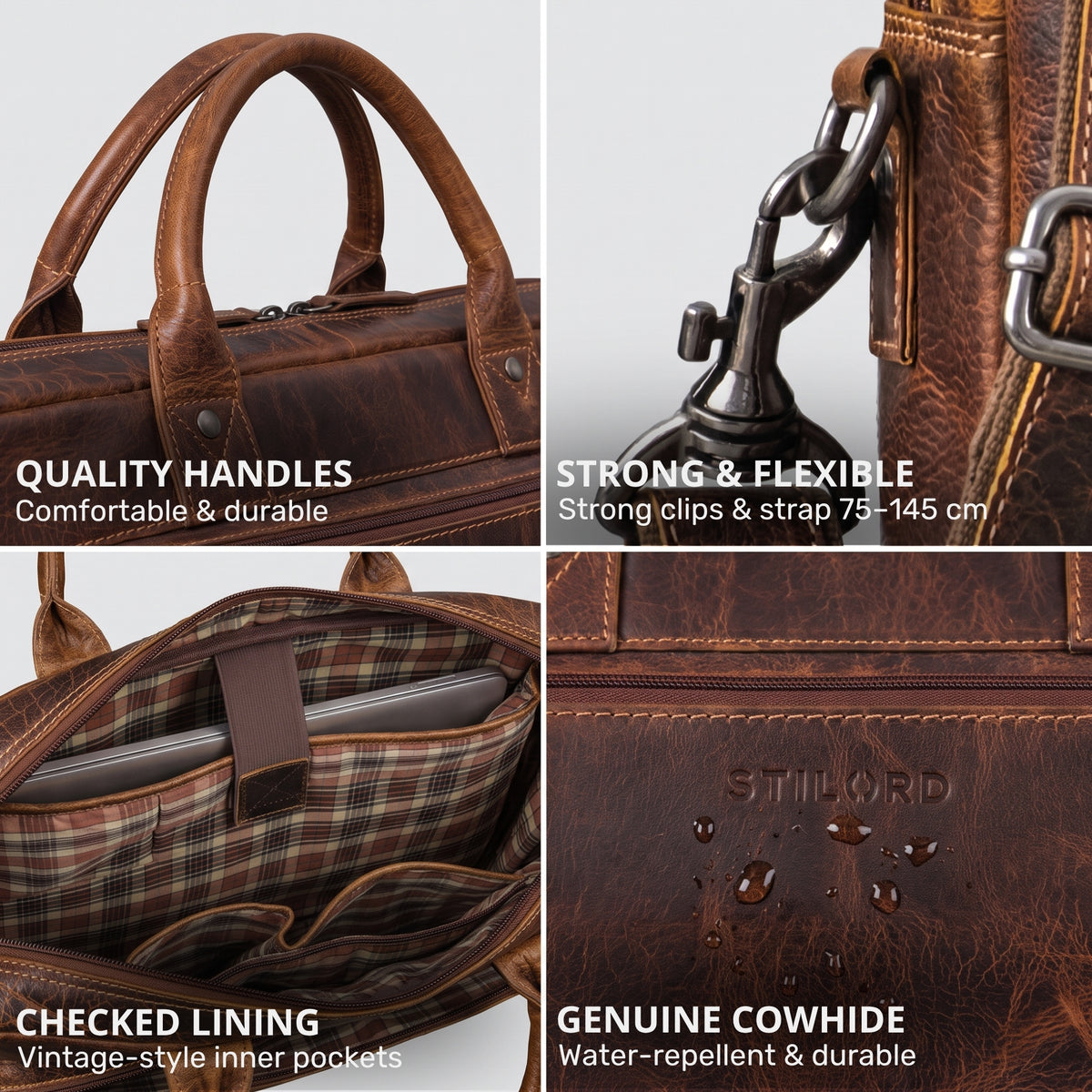 Braune Business-Tasche aus Rindsleder, Nahaufnahmen von Griffen, Metallclip, kariertem Laptopfach und wasserabweisender STILORD-Prägung