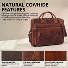 Braune Vintage-Ledertasche mit Laptopfach 13–14 Zoll, frontale Ansicht, STILORD-Prägung und natürliche Narbungen
