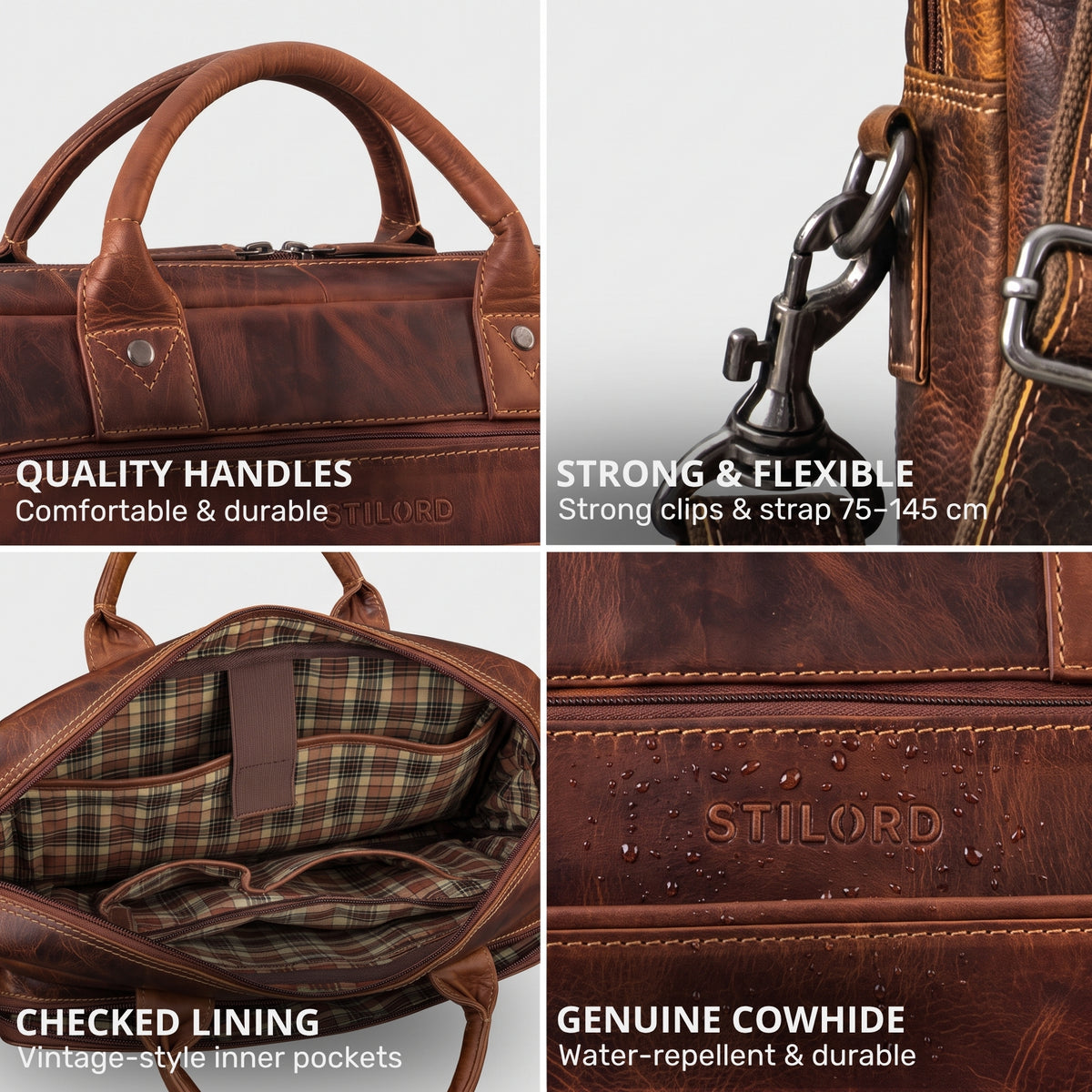 Braune Leder-Business-Tasche, Nahaufnahmen: Griffe, Schulterclip, kariertes Innenfutter, geprägtes STILORD mit Wassertropfen