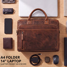 Braune Leder-Business-Tasche mit Laptopfach 14" und A4-Fach, geprägtes STILORD-Logo, Draufsicht mit Zubehör