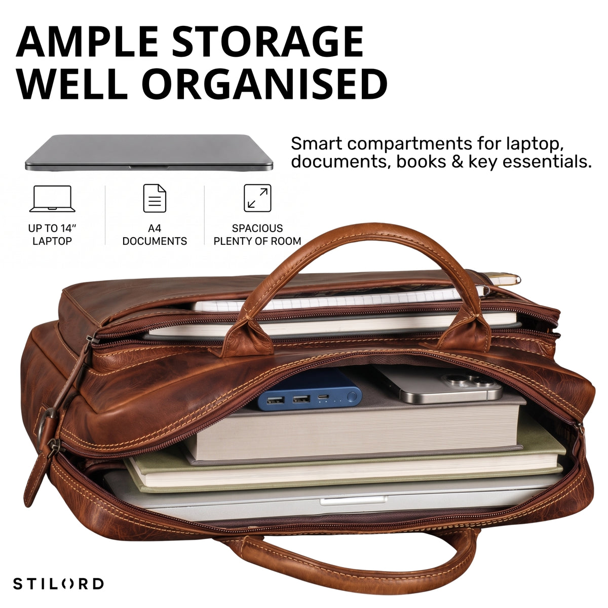 Braune Leder-Business-Tasche offen mit gepolstertem Laptopfach, Büchern, Powerbank und organisierten Innenfächern