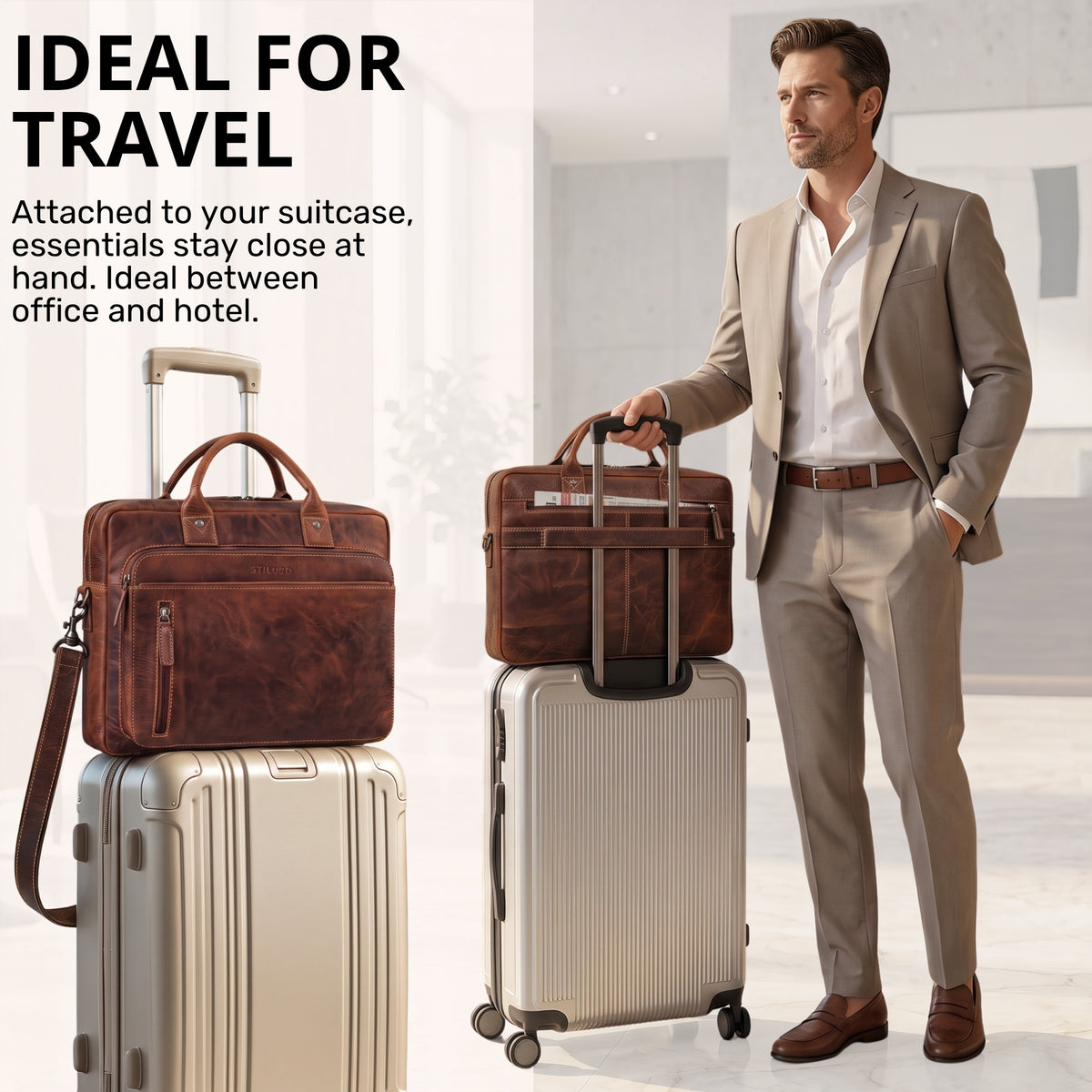 Braune Leder-Business-Tasche mit Trolley-Sleeve auf silbernem Koffer, Mann im Anzug, Reiseumgebung, STILORD-Prägung.