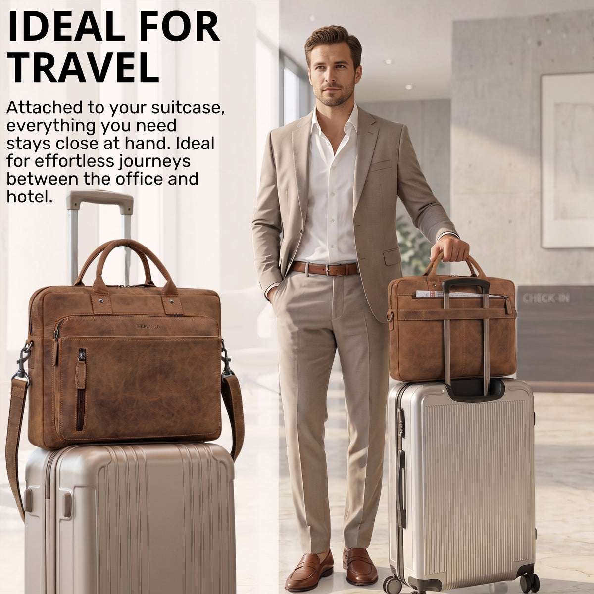Braune Leder-Business-Tasche mit Laptopfach 13-14 Zoll, Trolley-Sleeve auf Koffer, Mann im Anzug